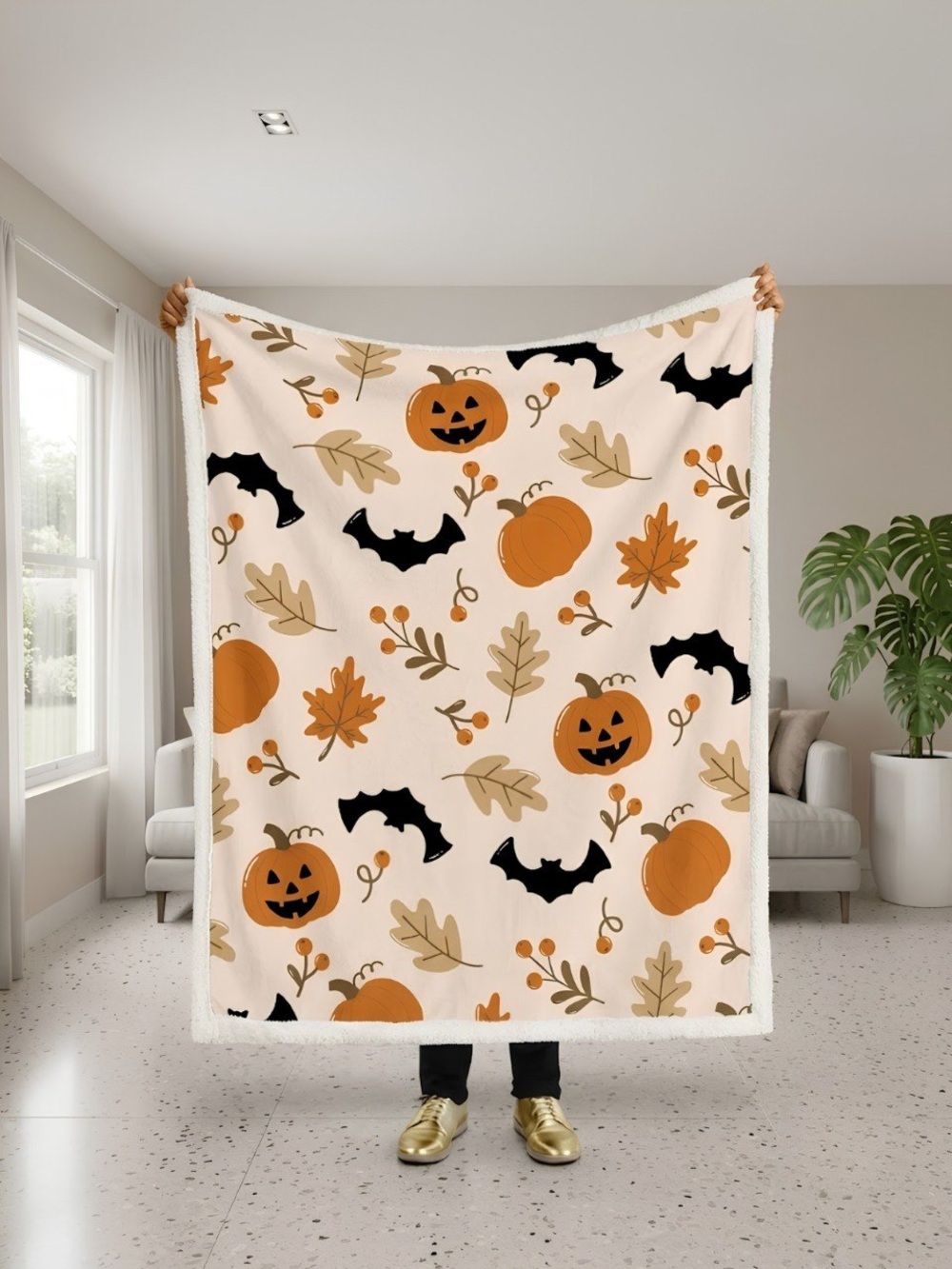 Halloween Pumpkin & Bat Sherpa Throw Blanket - Cream Orange Black